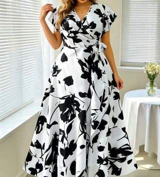 Elegant Floral Wrap V-Neck Midi Dress