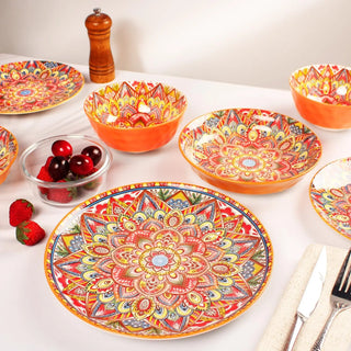 Mandala Dinnerware Sets (16 PCS) Serves for 4, Buffet Dinnerware, Boho Plates and Bowls Set with 8.3" salad Plate 8.6"/10.6"dinn