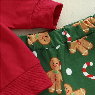 Christmas Gingerbread Man Girls Outfit Set Red Sweatshirt + Green Flared Pants 0-6Y Toddler Kids Clothing