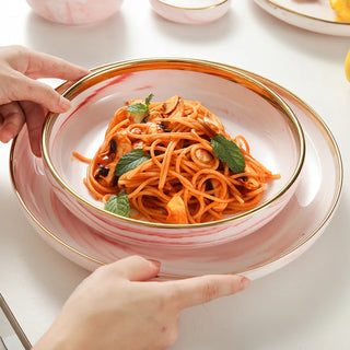 Pink Gilded Marble PatternPorcelain Dinner Plate Salad Noodles Bowl Spoon Ceramic Kitchen Tableware 1Set