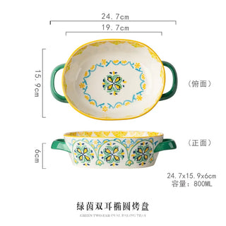 Bohemian Relief Double Ear Bowl, Ceramic Plate, Soup Plate, Oval Baking Tray, Tableware, Salad Bowl, Kitchen Utensils