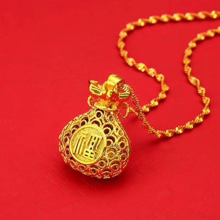 Fashion AU999 Real Gold Lucky Bag Pendant Necklace for Women 24K Gold Retro Hollow Money Bag Pendant Clavicle Chain gift