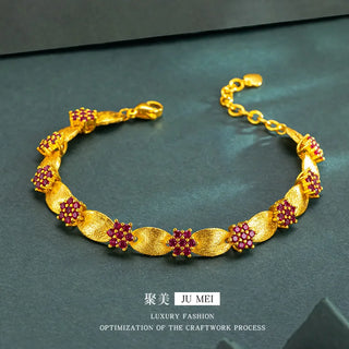 Luxury 24K 9999 Pure Gold real gold Women's Red Diamond Forged Band Plum Blossom Bracelet