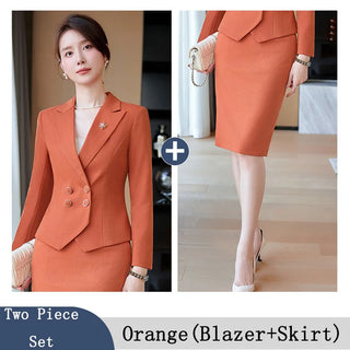 New Arrival Elegant Ladies Formal Skirt Suit Women Orange Blue Pink Double Breasted Female Blazer Set for Business Work Wear