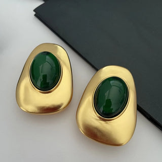 Oval design large crystal vintage earrings, dark green and dark red ear clips
