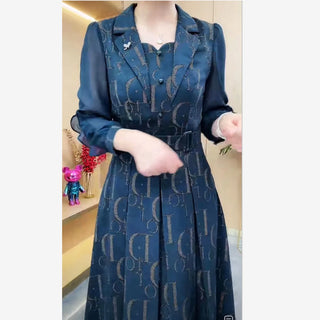 Korean Luxury Letter Printing Party Dress Autumn Elegant Women Notched Collar Puff Sleeve High Waist A-Line Midi Vestidos 912P