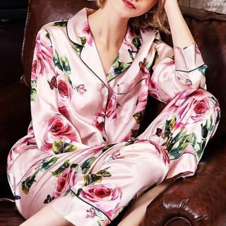 Silk Long Sleeve Cardigan Pajamas Sets