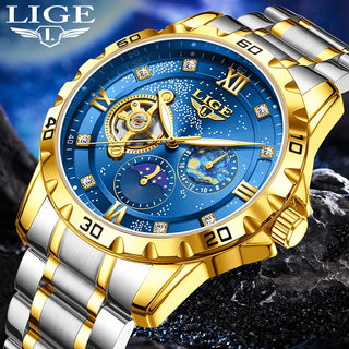 LIGE Man Mechanical Watch Stainless Steel Luxury Moon Phase Business Skeleton Waterproof Casual Automatic Movement Men's Watches