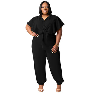 CM.YAYA Elegant Plus Size Loose Women's Set Tie Crop Ruffles Top +pencil Pants Suits Streetwear Tracksuit Two 2 Piece Set