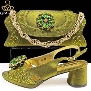 QSGFC 2024 Newest INS Style Gold Color Elegant Women High Heels Nigeria Popular Designer African Ladies Shoes And Bag Set