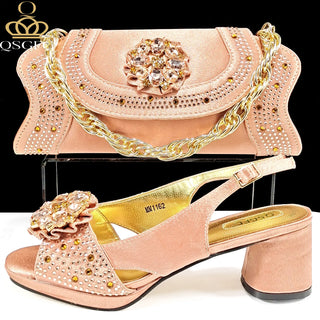 QSGFC 2024 Newest INS Style Gold Color Elegant Women High Heels Nigeria Popular Designer African Ladies Shoes And Bag Set