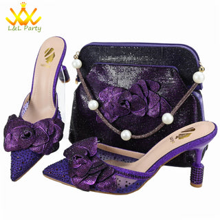 Orange Color New Arrivals Italian Design Nigerian Women Shoes and Bag Set Pointed Toe Slipper with Shinning Crystal for Party