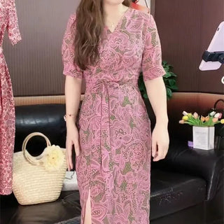 Elegant Floral Print Holiday Dress Summer New Women's V-Neck Short Sleeved Lace Up Slit Dress Luxury Celebrity Party Dress 924P