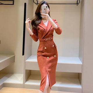 Spring New Luxury Women's Formal Dress Office Lady Solid Color Elegant Notched Long Sleeved Slim Split Midi Party Vestidos 072B