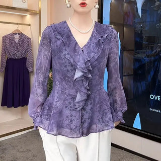 Elegant Floral Ruffles Fashion Chiffon Blouse