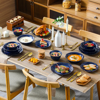 MALACASA 16 Piece Relief Blue Reactive Glaze Plates Dinner Sets Ceramic Dinnerware Set with 4 PCS Dinner Plate/Dessert/Bowl/Soup