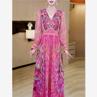 Casual Women's Printed Holiday Dress Spring New Fashion Patchwork V-Neck Puff Sleeve Bohemia Elegant Midi Party Vestidos 141B