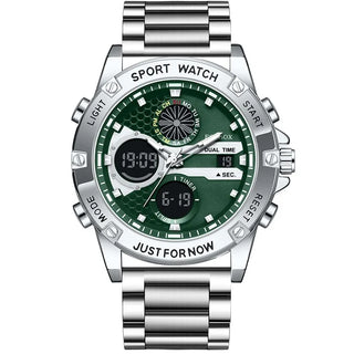 FOXBOX Outdoor Fashion Electronic Watches for Men Casual Sports Leather Waterproof Weeks Dual Digital Display Quartz Chronograph