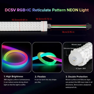 RGB Flexible Neon Light Strip 360° All-Round Lighting IP67 Waterproof Braided Mesh Sleeve Dynamic Flowing Color Changing Effects
