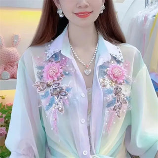 Sleeves Rainbow Thin Loose Chiffon Shirt