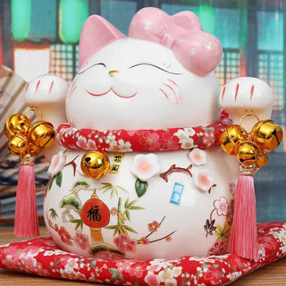 Japanese Ceramic Maneki Neko Lucky Cat Statue Porcelain Pink Fortune Cat Money Box Auspicious Fengshui Ornament Home Decoration
