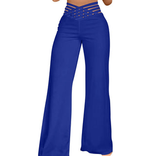 Women Hollow Belt Trousers Fashion Temperament Commuting Flared Trousers Daily Classic Solid Causal High Waist Wide Leg Pants
