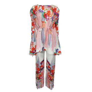 ANLAN 2024 Autumn New Miyake Pleated Two Piece Set For Women Print Long Sleeve Lace Up Waist Wrap Top Casual Pants Sets 7YK3519