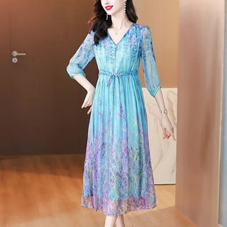 Floral Ruffled Silk Midi Elegant Party Dress - Epictzar Intl.