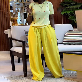 African Two Piece Set Women's Outfits 2025 Summer Casual Sweet Fashion Heart Short Sleeve Top and Wide Leg Long Pants Sets