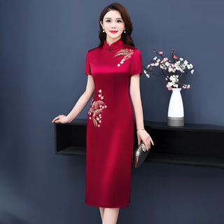 Chinese Stand Collar Cheongsam Dress Luxury Silk Satin Party Dresses Women Vintage Flower Embroidery Midi Vestido Summer J883