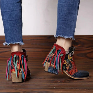 Bohemian Genuine Leather Printed Ankle Boots