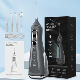 Portable Dental Oral Irrigator Water Flosser USB Rechargeable 4 Nozzles Water Jet 300ml Water Tank Waterproof IPX7 5 Modes