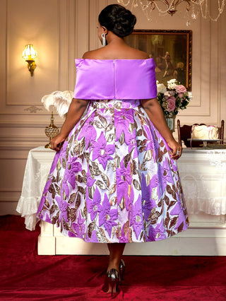 Off Shoulder Floral Jacquard Satin Dress
