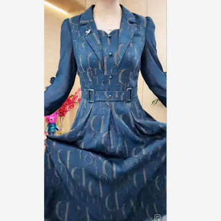 Korean Luxury Letter Printing Party Dress Autumn Elegant Women Notched Collar Puff Sleeve High Waist A-Line Midi Vestidos 912P