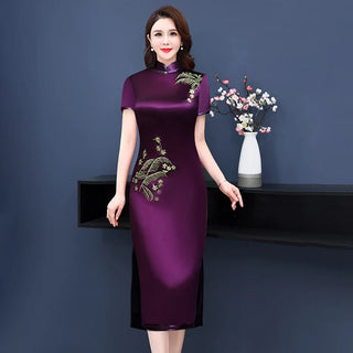 Chinese Stand Collar Cheongsam Dress Luxury Silk Satin Party Dresses Women Vintage Flower Embroidery Midi Vestido Summer J883