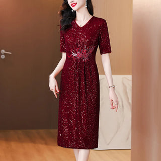 Vintage Women's Shiny Sequins Midi Dress Summer New Women's V-Neck Short Sleeve Slim Elegant Flower Embroidery Party Dress J421