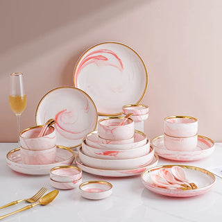 Pink Gilded Marble PatternPorcelain Dinner Plate Salad Noodles Bowl Spoon Ceramic Kitchen Tableware 1Set