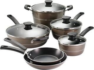 Sicilia 10-Piece Non Stick Cookware Set with Glass Lids, Aluminum Nonstick Pots and Pans Kitchen Set (Raspberry)