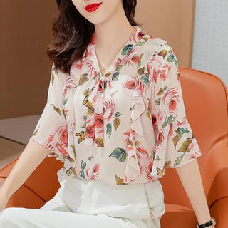 Floral Chiffon Flared Sleeves Blouse