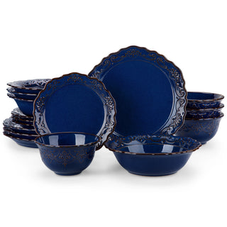 MALACASA 16 Piece Relief Blue Reactive Glaze Plates Dinner Sets Ceramic Dinnerware Set with 4 PCS Dinner Plate/Dessert/Bowl/Soup