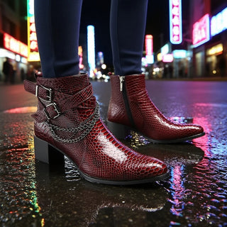 Men's Burgundy Snakeskin Ankle Boots: Chain, Buckles, Zip, Block Heel | Parties, Stage, Street | Rock Punk Style