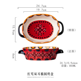 Bohemian Relief Double Ear Bowl, Ceramic Plate, Soup Plate, Oval Baking Tray, Tableware, Salad Bowl, Kitchen Utensils