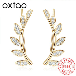 OXTAO Trendy Leaf-Shaped Piercing Earrings Sterling 925 Silver Round Cut D VVS1 Moissanite Climber Earrings for Women Jewelry