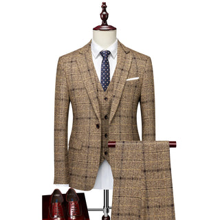 High-quality plaid men's casual (suit + vest + trousers) slim-fit fashion Korean version wedding small suit jacket three-piece s
