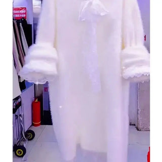 Elegant Lace Patchwork Dress Autumn Winter Warm Mink Cashmere Sweater Dresses Office Women V-Neck Lace Up Midi Vestidos 699B