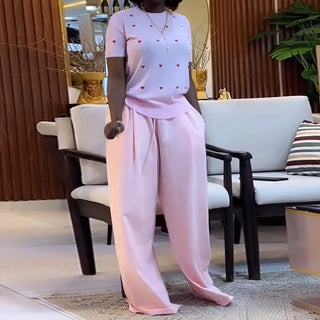 African Two Piece Set Women's Outfits 2025 Summer Casual Sweet Fashion Heart Short Sleeve Top and Wide Leg Long Pants Sets