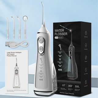 Portable Dental Oral Irrigator Water Flosser USB Rechargeable 4 Nozzles Water Jet 300ml Water Tank Waterproof IPX7 5 Modes