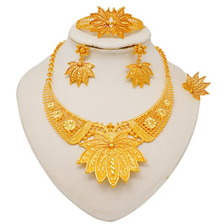 Women's 24K Gold Leaf-Shaped Set (Necklace/Earrings/Bracelet/Ring), AU999 Hammered with textured leaves,symbolizing life's cycle