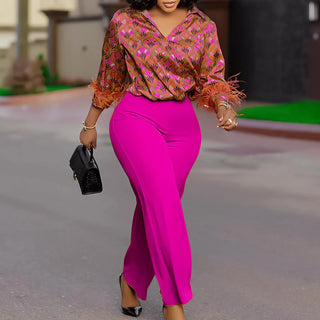 Office Ladies Fashion Print 2Pcs Pants Sets