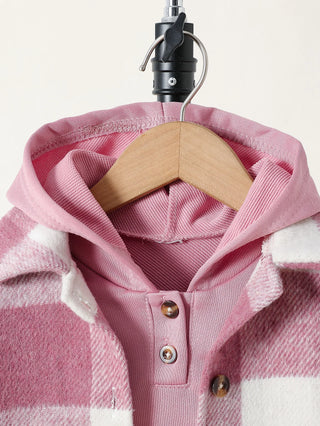 Baby girl autumn outfit sweet pink white plaid jacket hooded sweatshirt long pants three piece set daily street wear